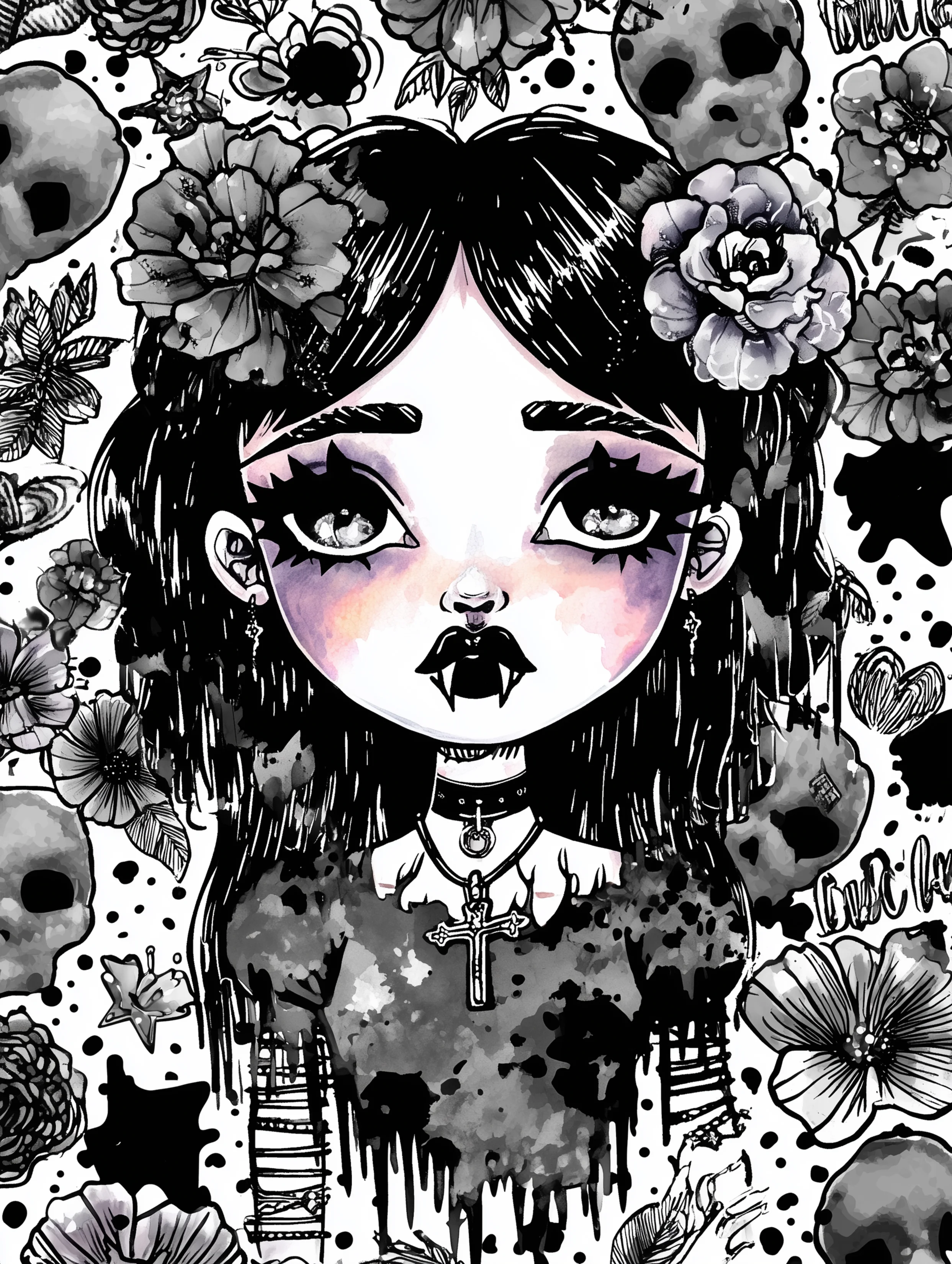 Free printable vampire coloring page for adults featuring a solo vampire girl